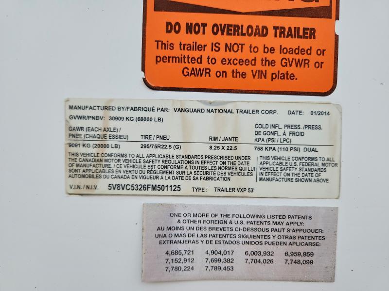 2015 Vanguard VXP 53 DRY Van Trailer