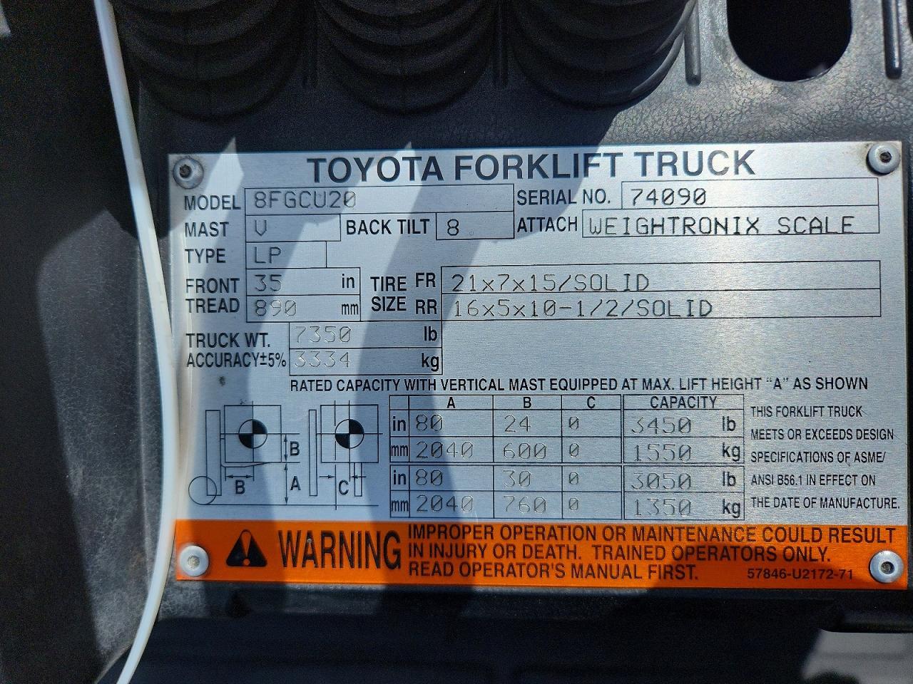 2016 Toyota 8FGCU20 Forklift