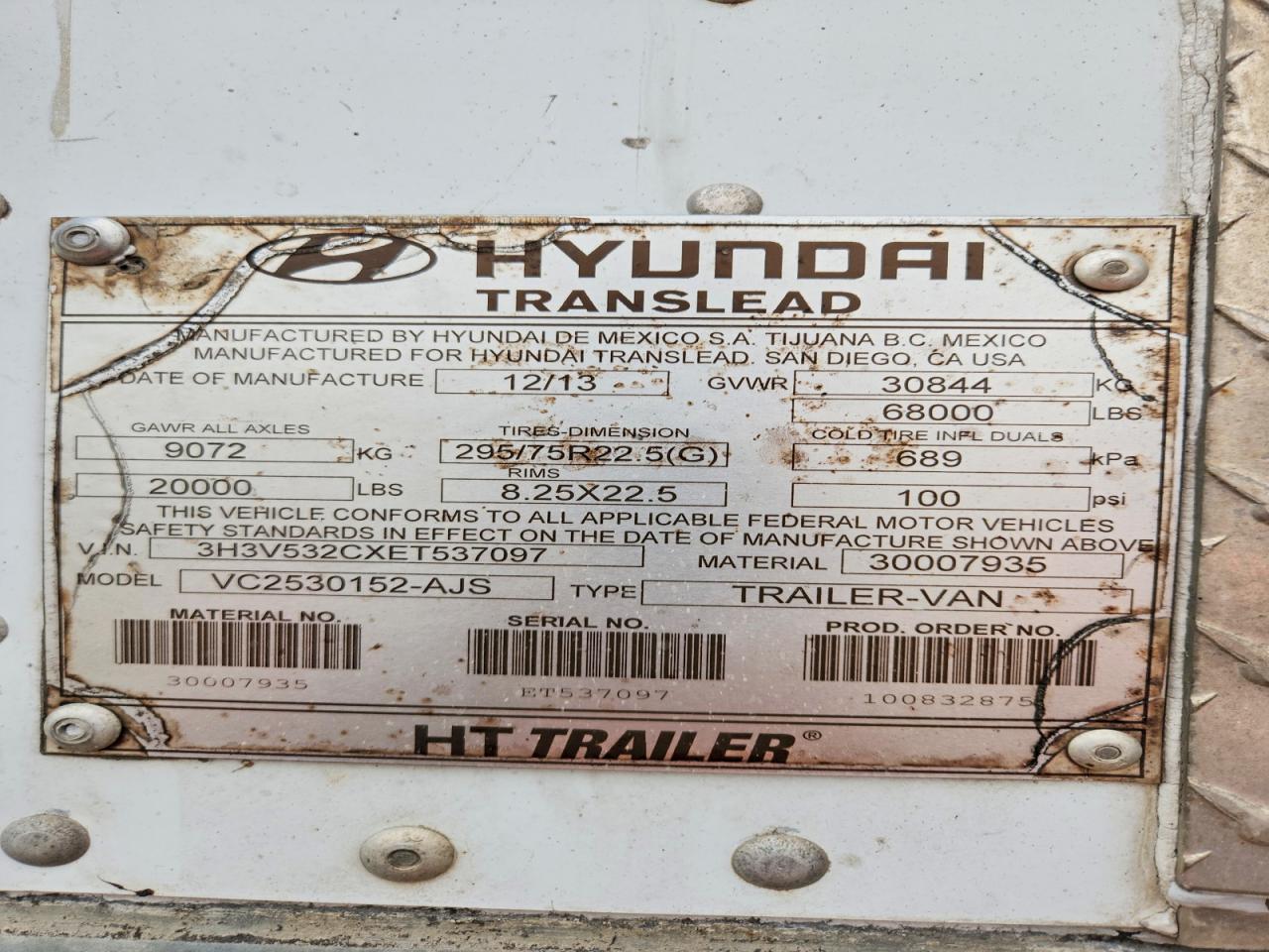 2014 Hyundai Translead Inc 2014 Hyundai Translead VC2530152-AJS DRY Van Trail