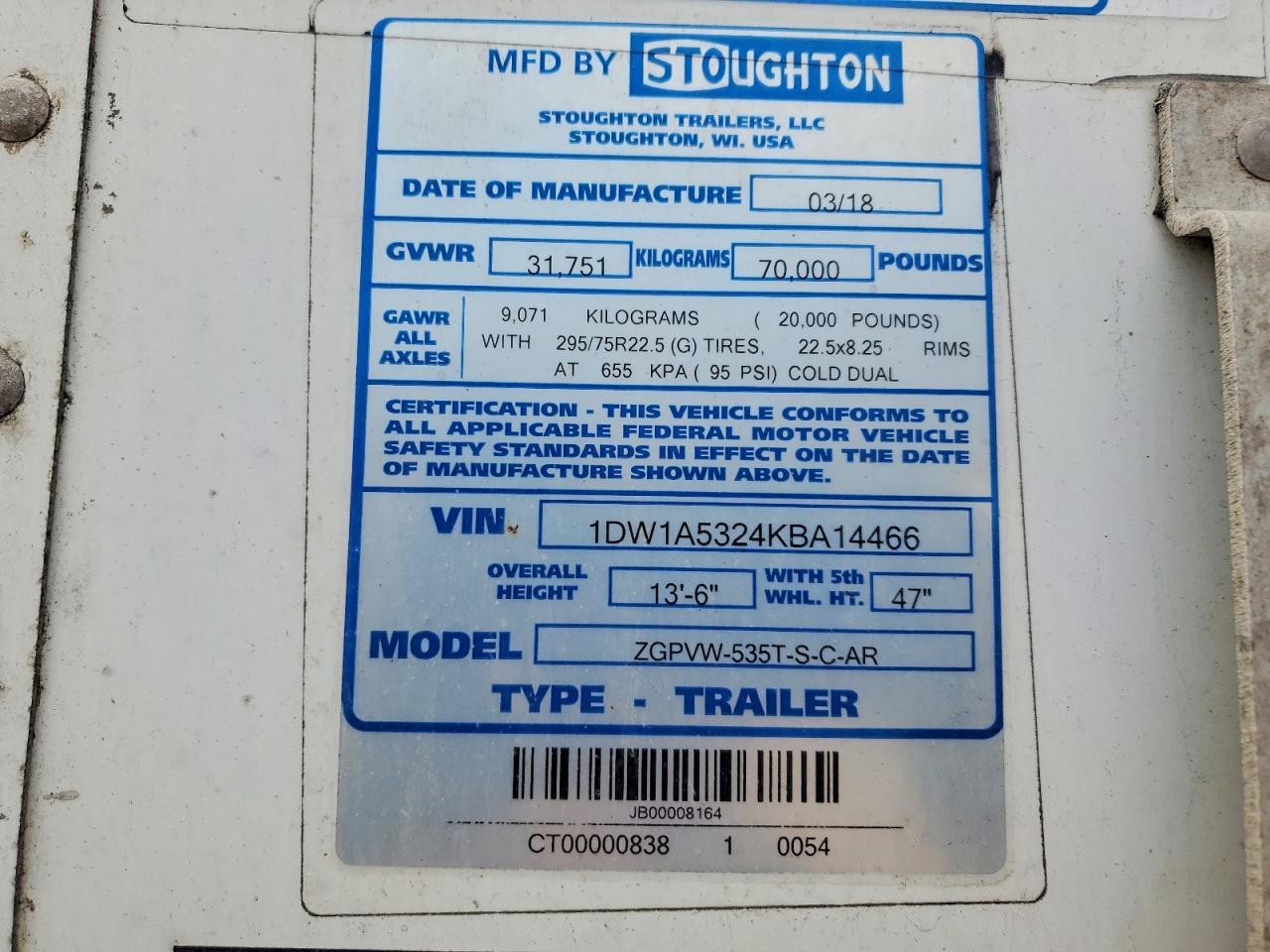 2019 Stoughton Zgpvw-535T-S-C-AR DRY Van Trailer