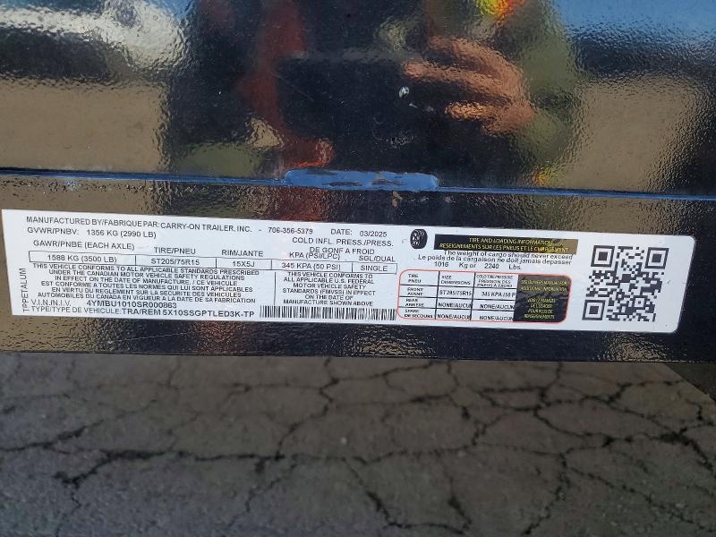 2025 Carry-On 5X10SSGPTLED3K-TP Utility Trailer