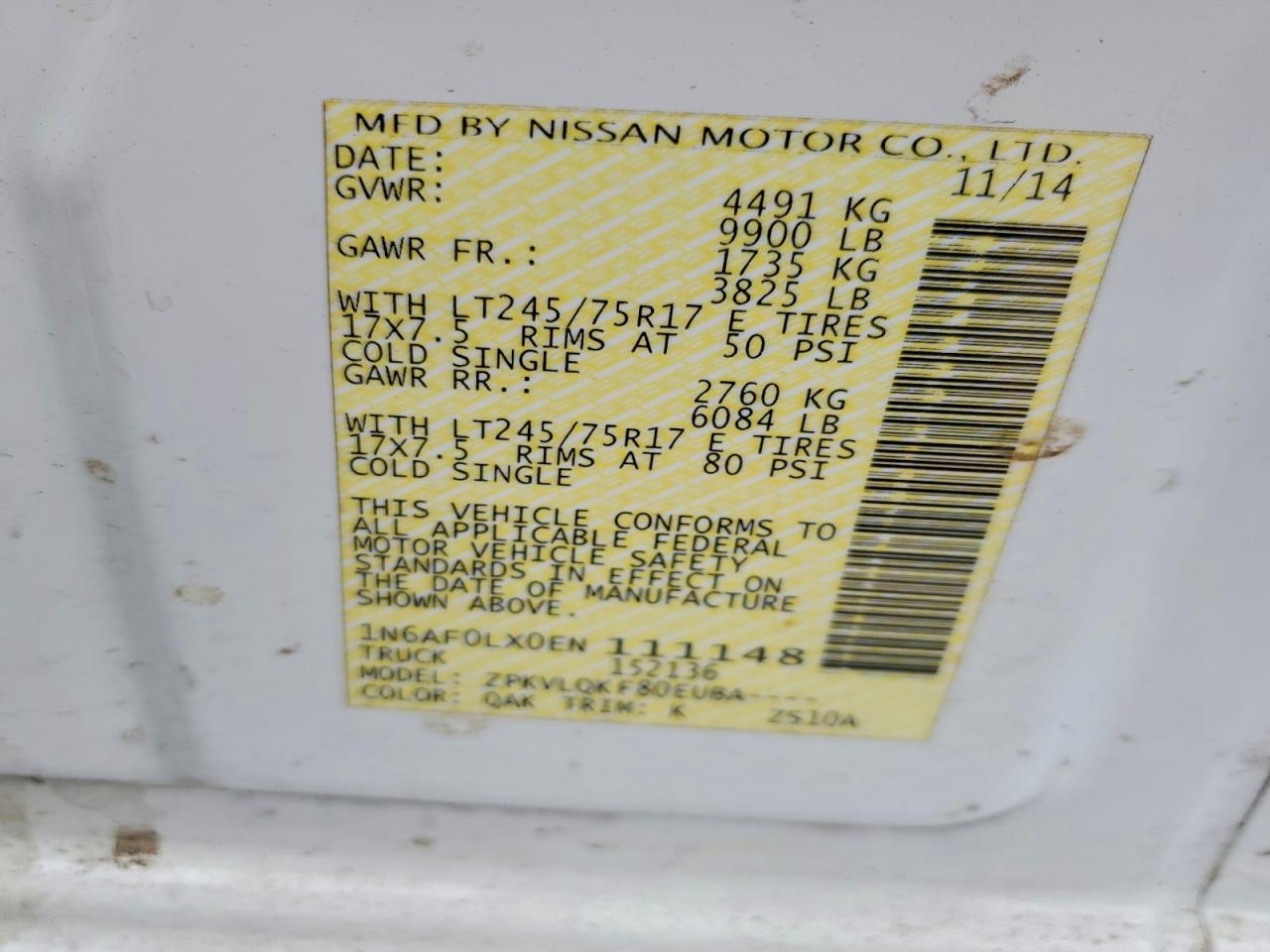 2014 Nissan NV 2500 Utility / Service Van