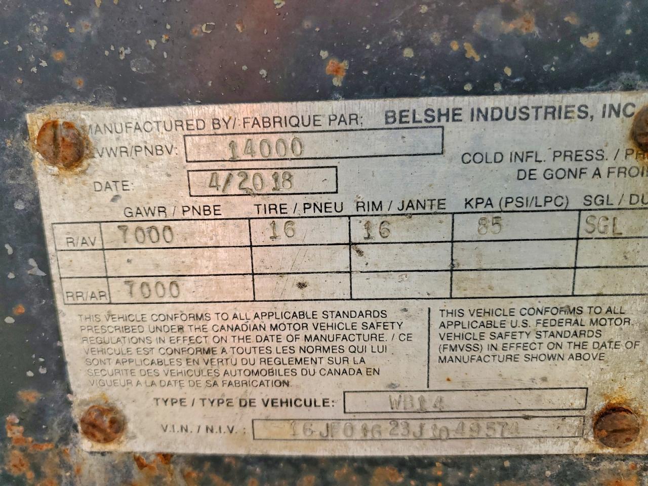 2018 Belshe WB14 Equipment Trailer