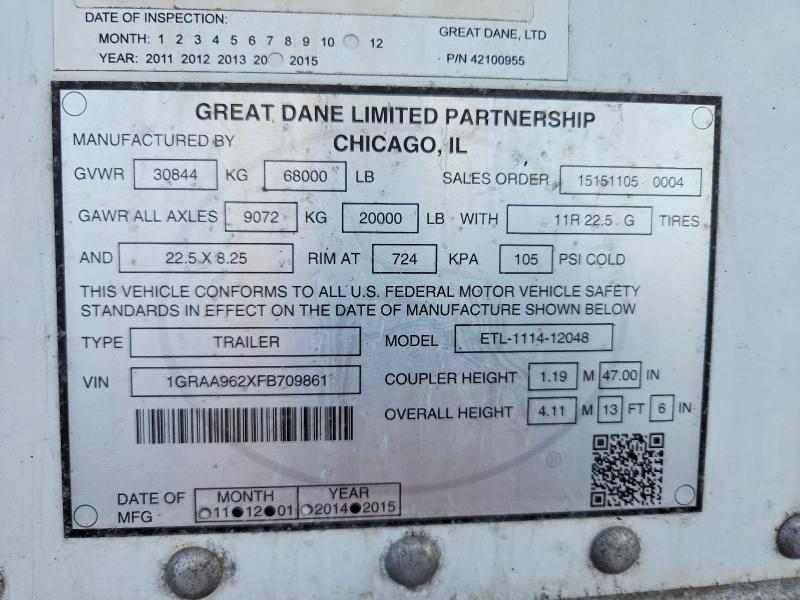 2015 Great Dane ETL-1114-12048 Refrigerated Van Trailer