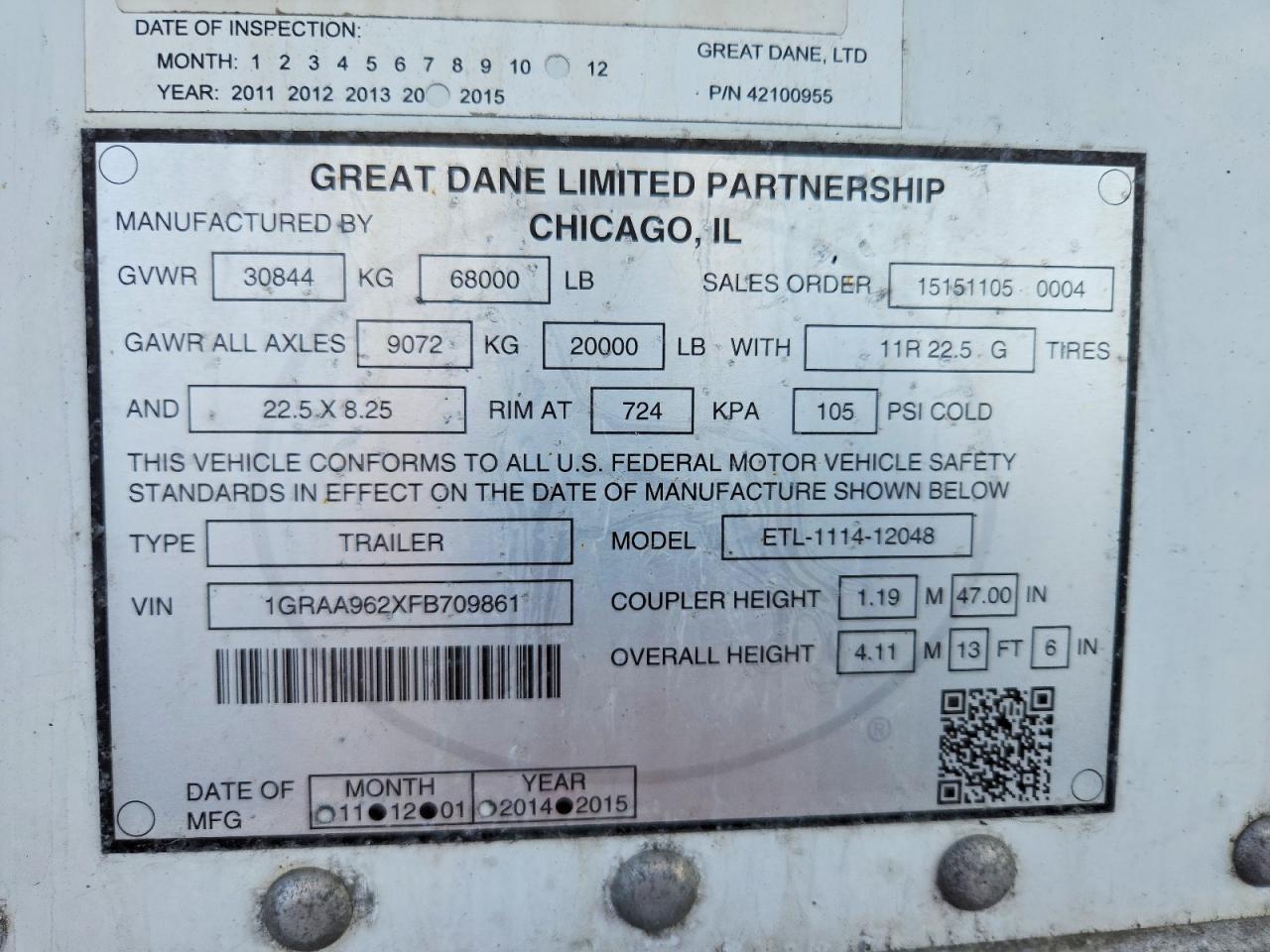 2015 Great Dane ETL-1114-12048 Refrigerated Van Trailer