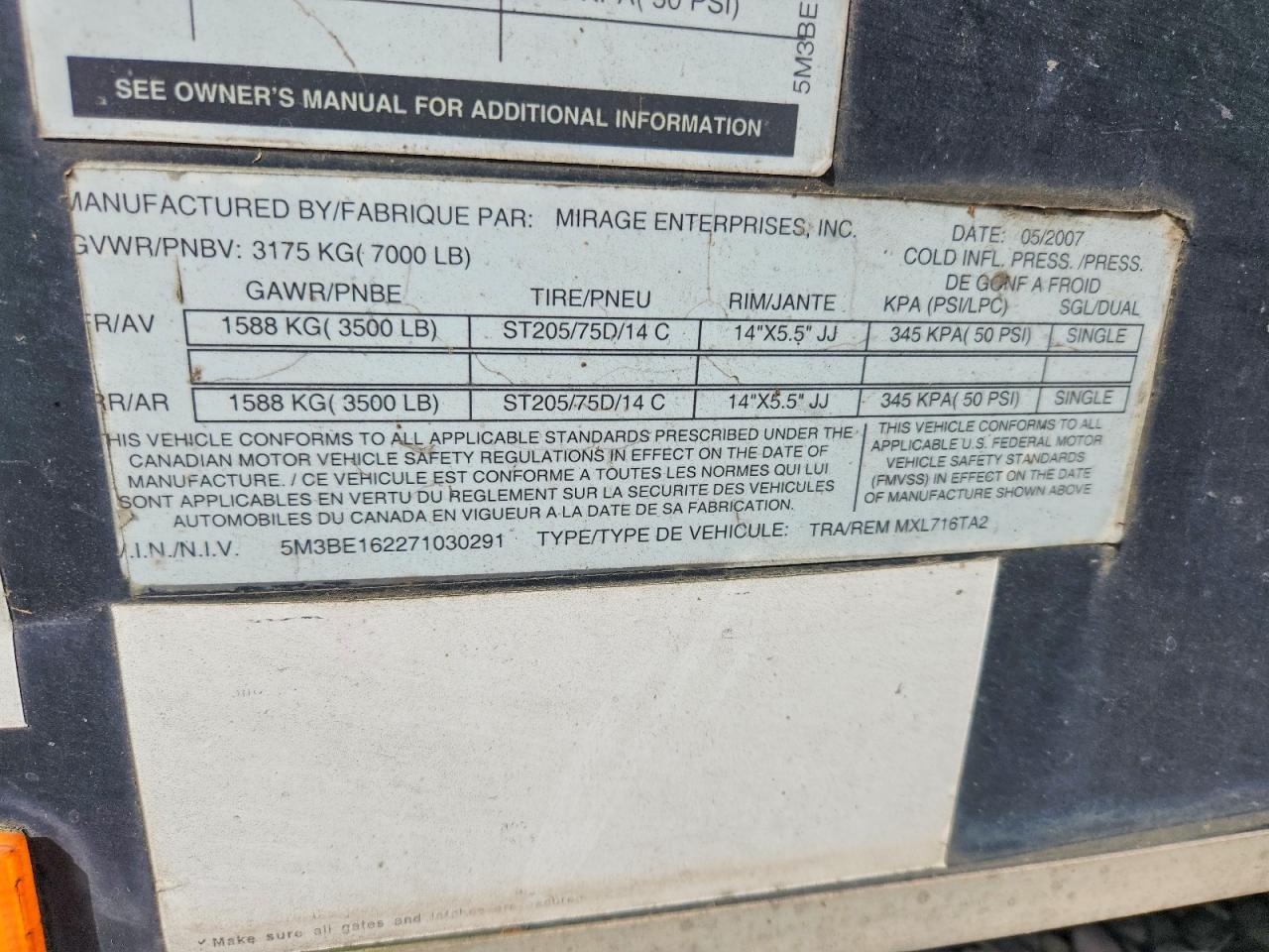 2007 Mirage MXL716TA2 Enclosed Cargo Trailer