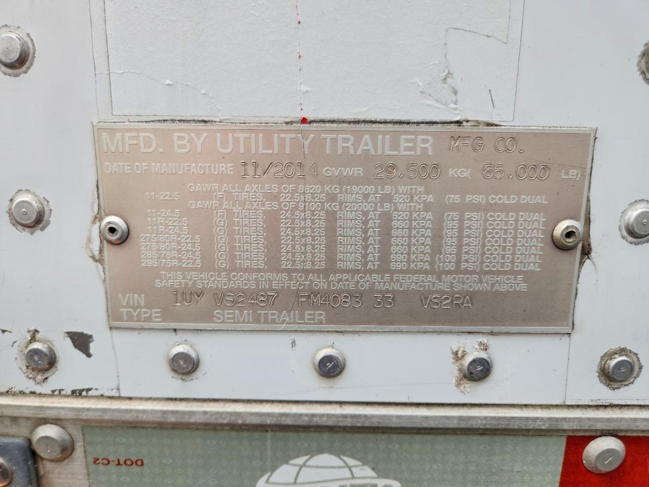 2015 Utility VS2RA Refrigerated Van Trailer