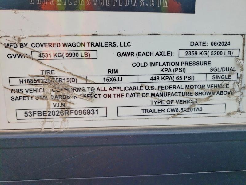 2024 Covered Wagon Traile 2024 Covered Wagon CW8.5X20TA3 Enclosed Cargo Trai