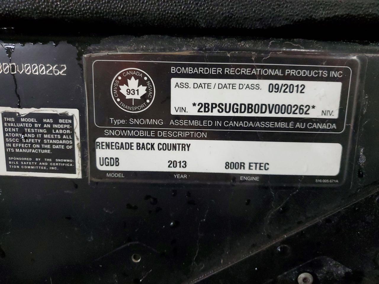 2013 Skidoo DOO Renegade Backcountry