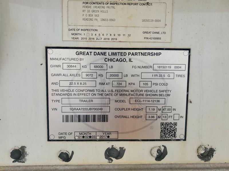 2018 Great Dane EEE-1114-12136 Refrigerated Van Trailer