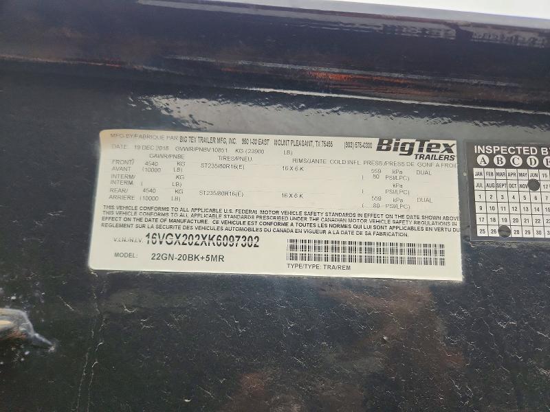 2019 Bigtx 2019 BIX TEX 22GN-20BK+5MR Equipment Trailer