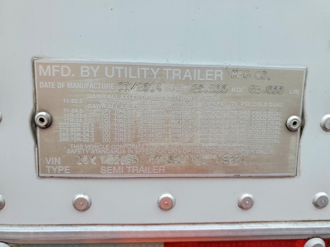 2015 Utility VS2RA Refrigerated Van Trailer
