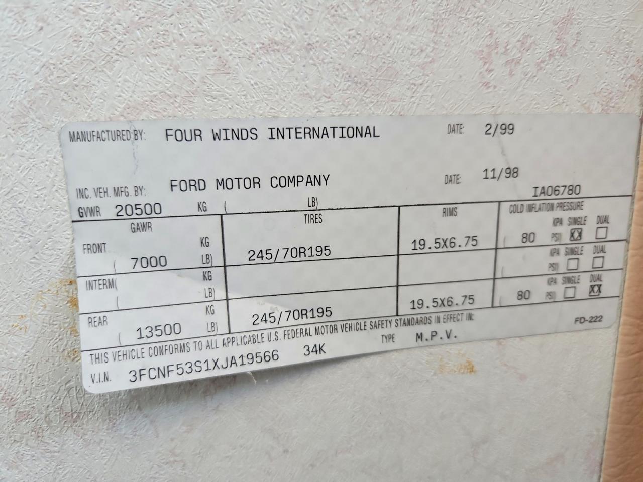 1999 Ford F550 Super Duty Stripped Chassis