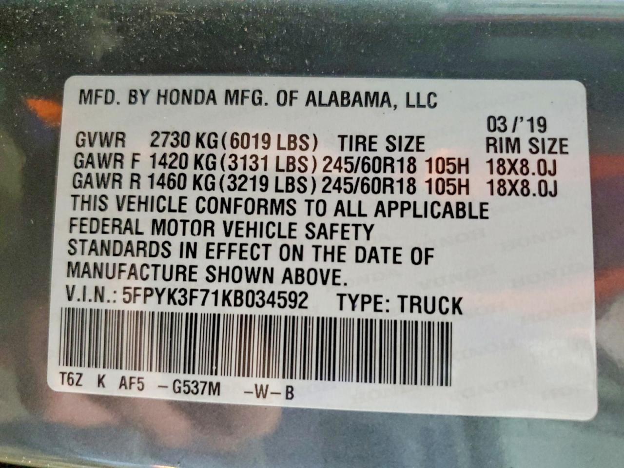 2019 Honda Ridgeline RTL