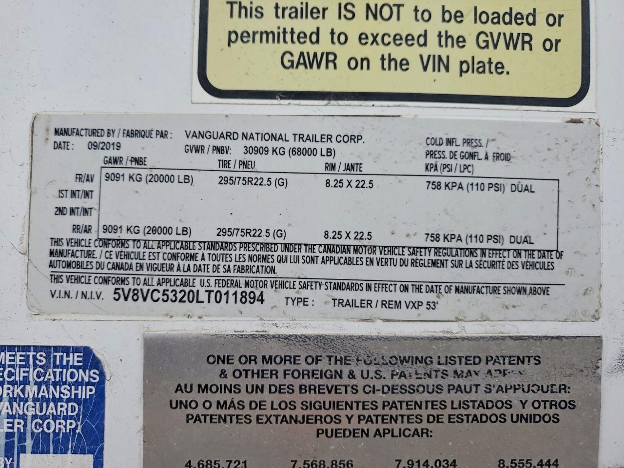 2020 Vanguard VXP 53 DRY Van Trailer