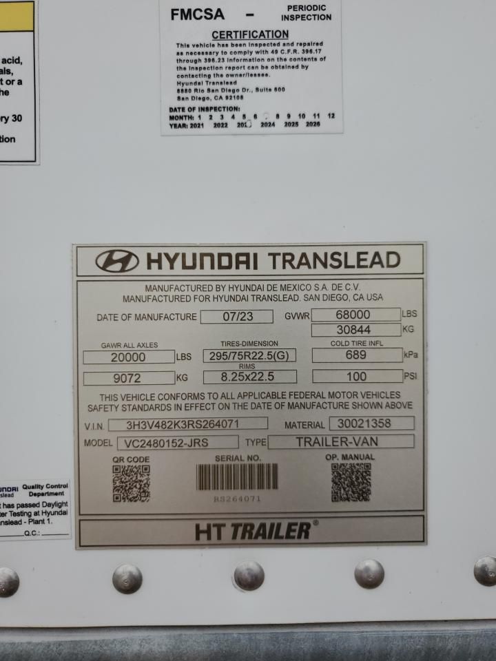 2023 Hyundai Translead VC2480152-JRS DRY Van Trailer