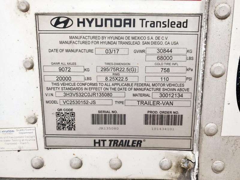 2018 Hyundai Translead VC2530152-JS DRY Van Trailer