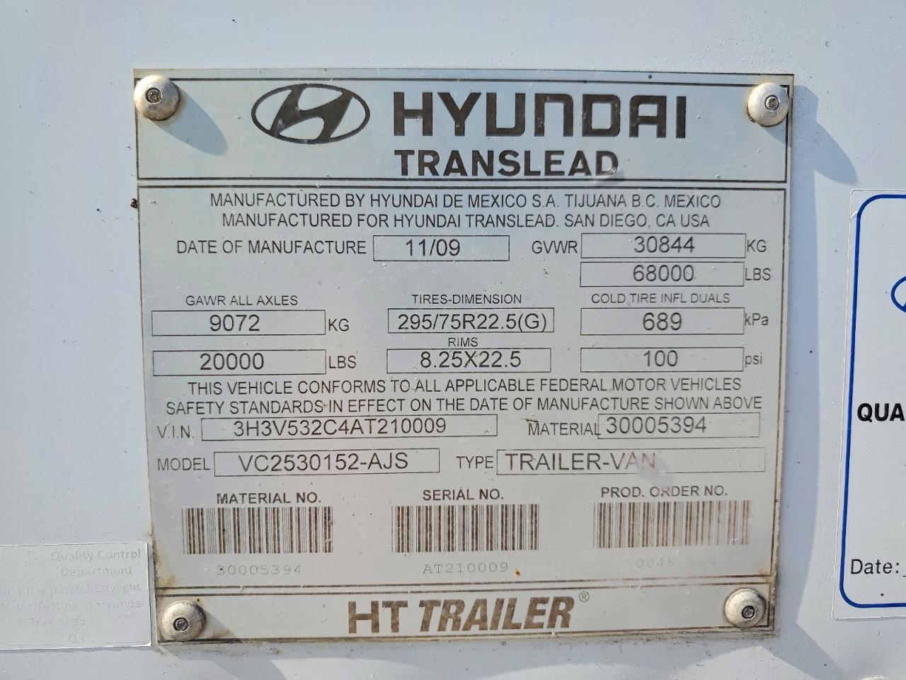 2010 Hyundai Translead VC2530152-AJS DRY Van Trailer