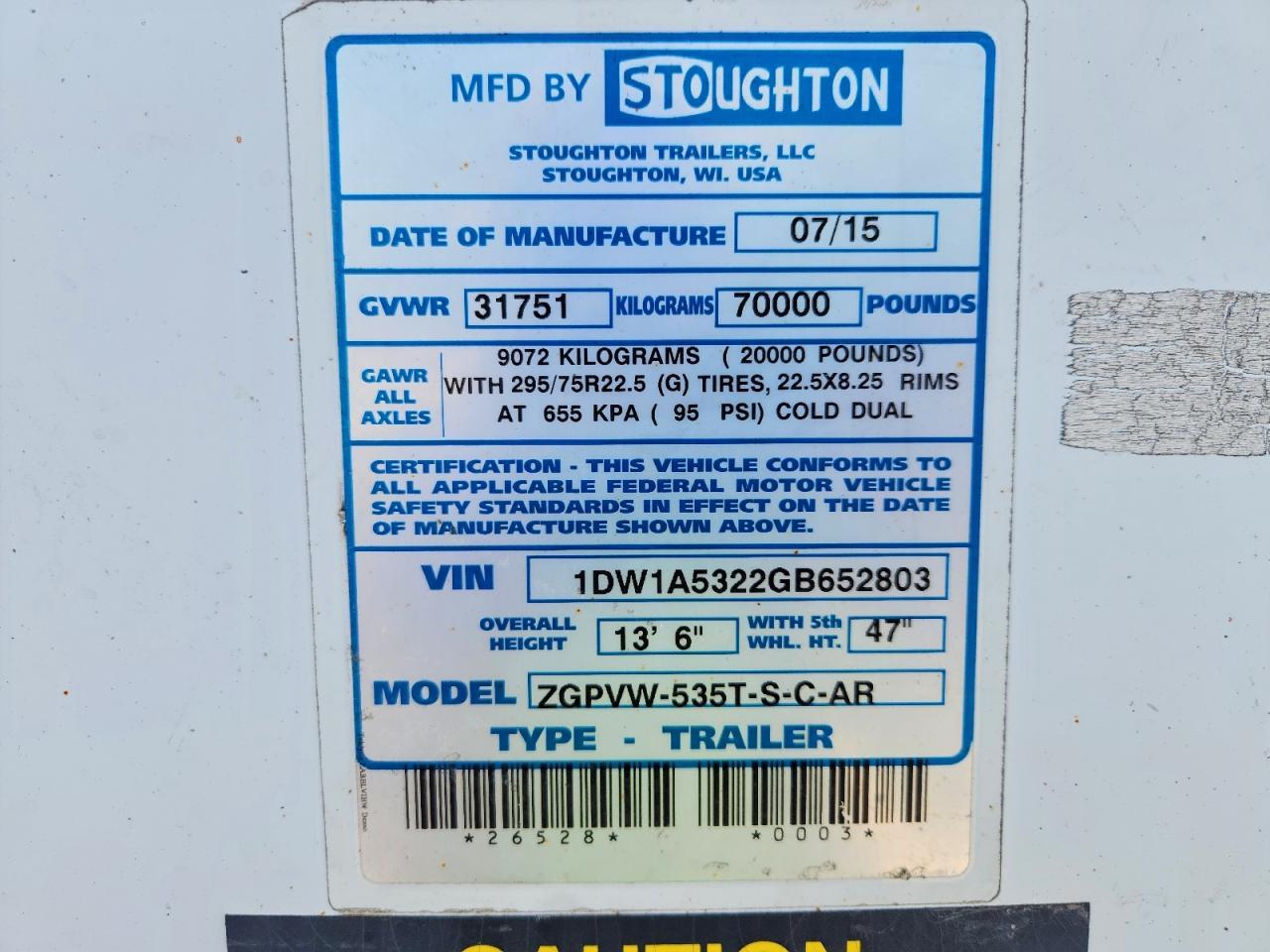 2016 Stoughton Ghton 53 Foot-Enclosed Cargo Trailer