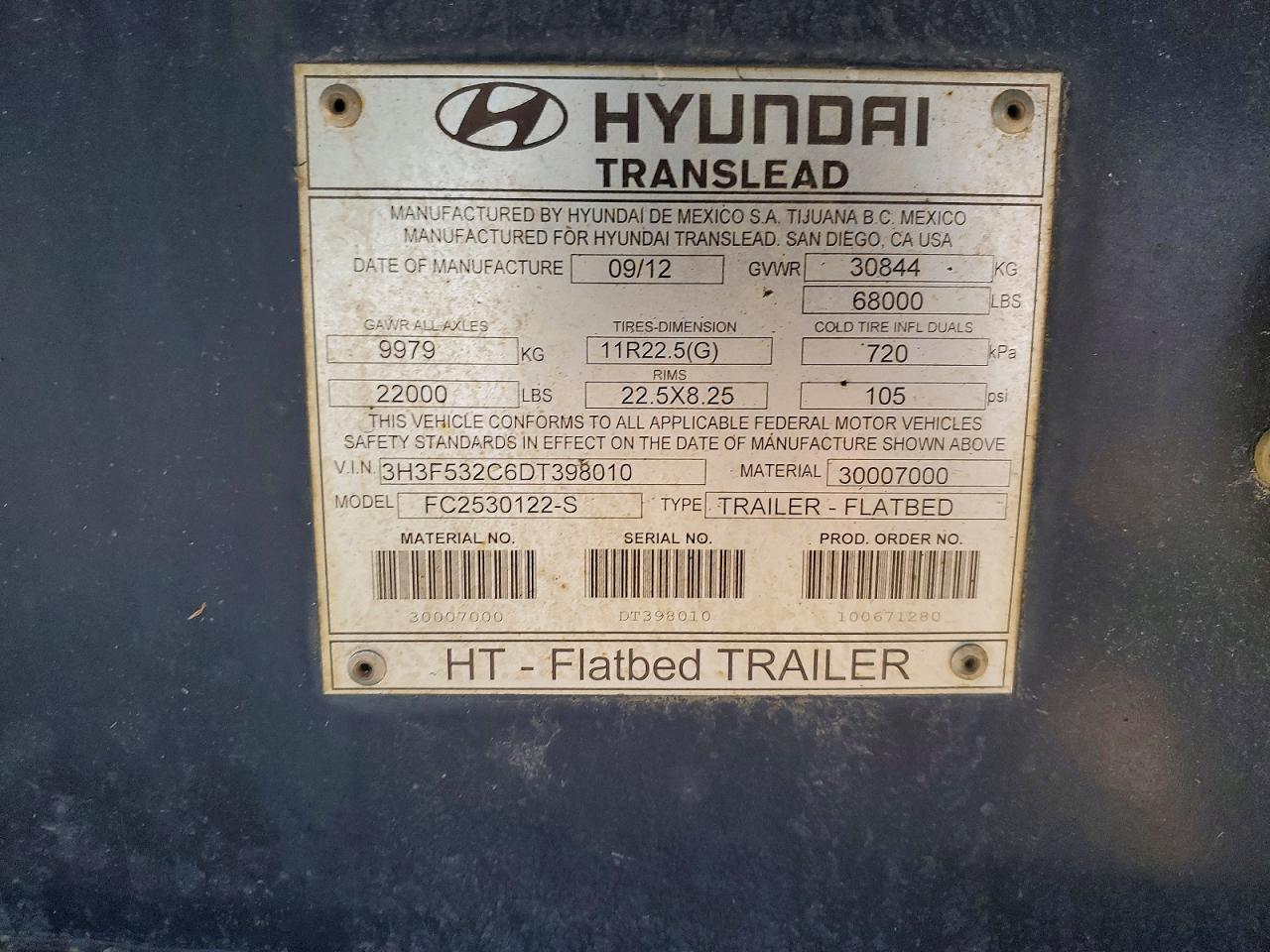2013 Hyun DAI Translead FC2530122-S Flatbed Trailer