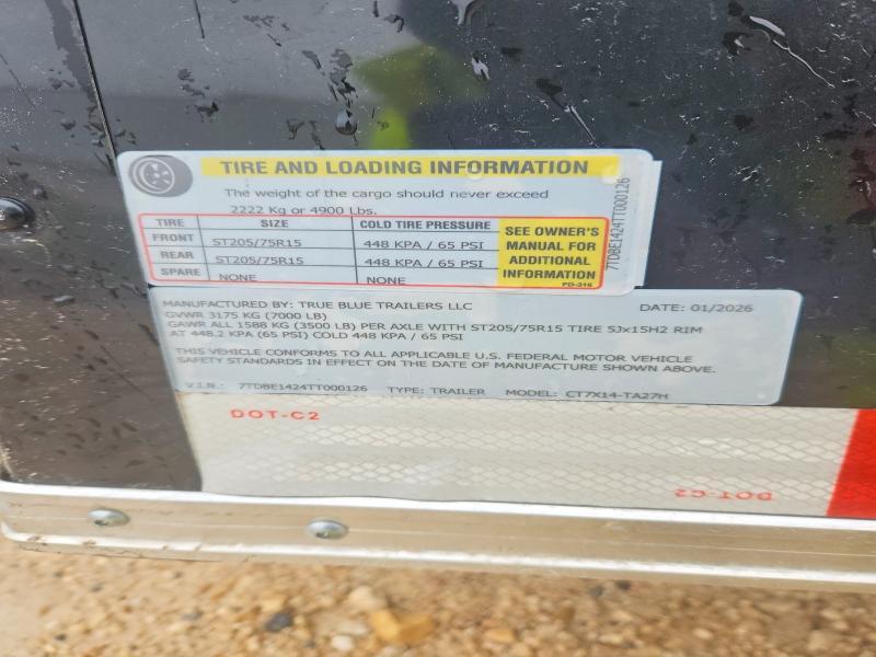 2026 True Blue CT7X14-TA27H Enclosed Cargo Trailer