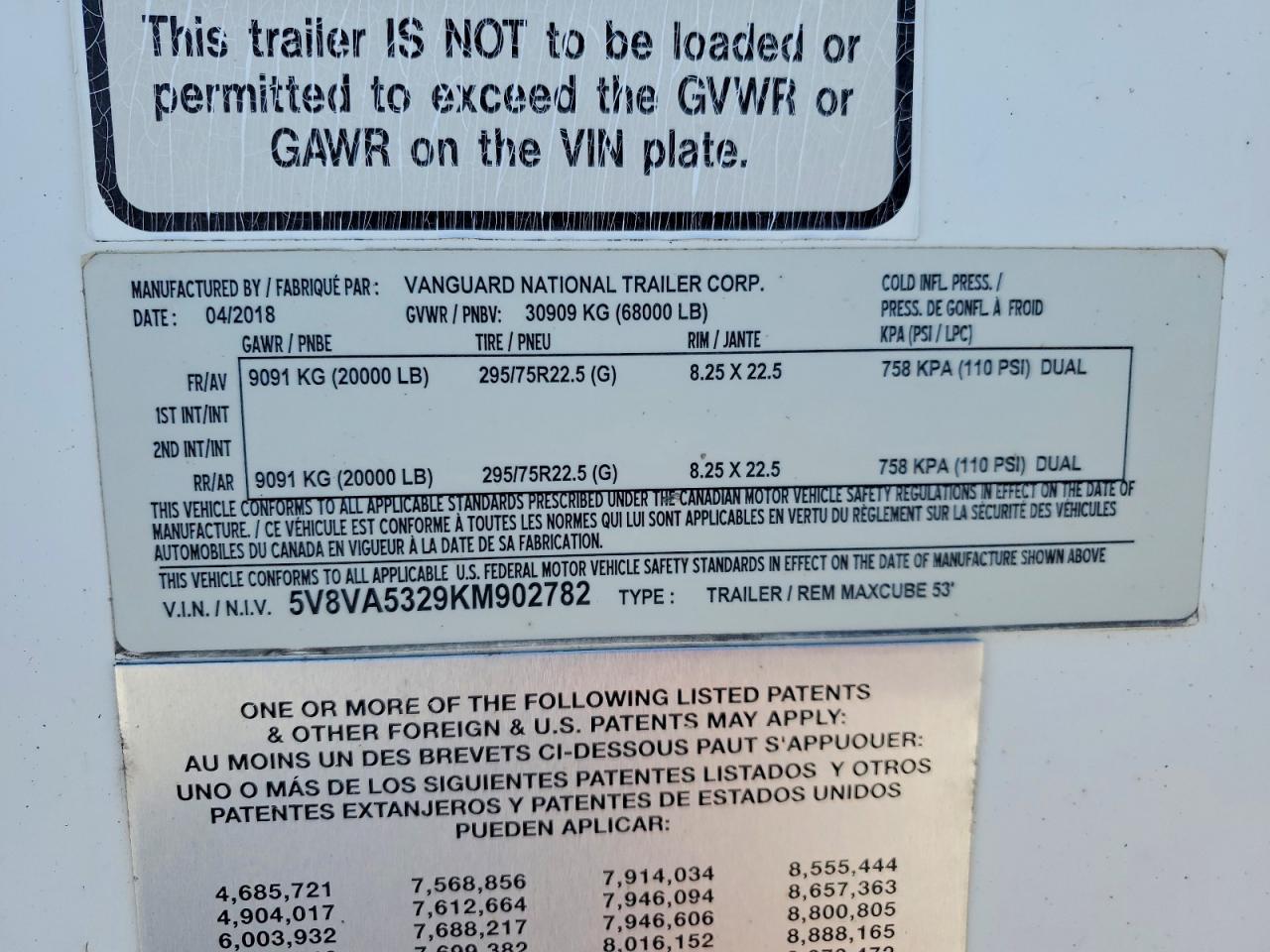 2019 Vanguard DRY Van Trailer
