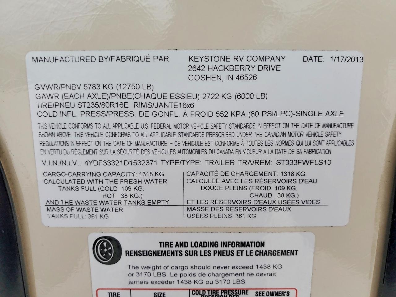 2013 Keystone Recreational Vehicle (RV)