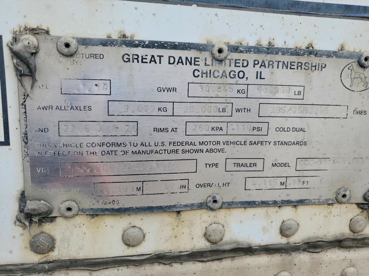 2015 Great Dane T Dane CCC-3314-01053 DRY Van Trailer