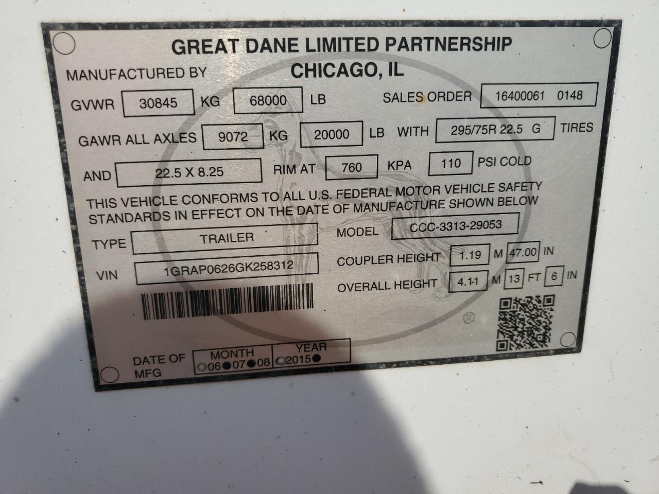 2016 Great Dane CCC-3313-29053 DRY Van Trailer