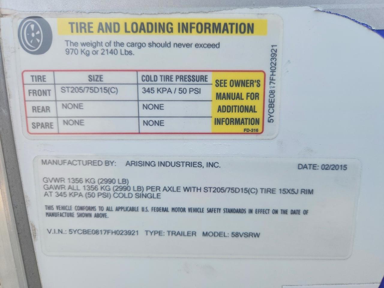 2015 Arising Industries 58VSRW Enclosed Cargo Trailer