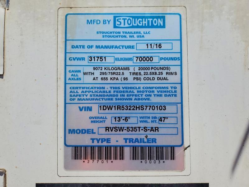 2017 Stoughton Rvsw-535T-S-AR Refrigerated Van Trailer