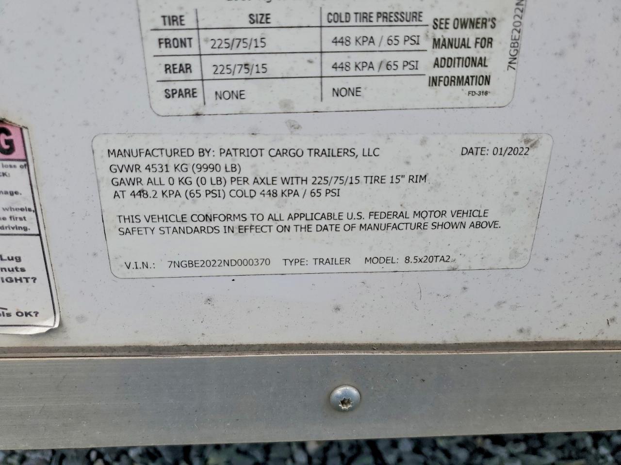 2022 Patriot Cargo 8.5X20TA2 Enclosed Cargo Trailer