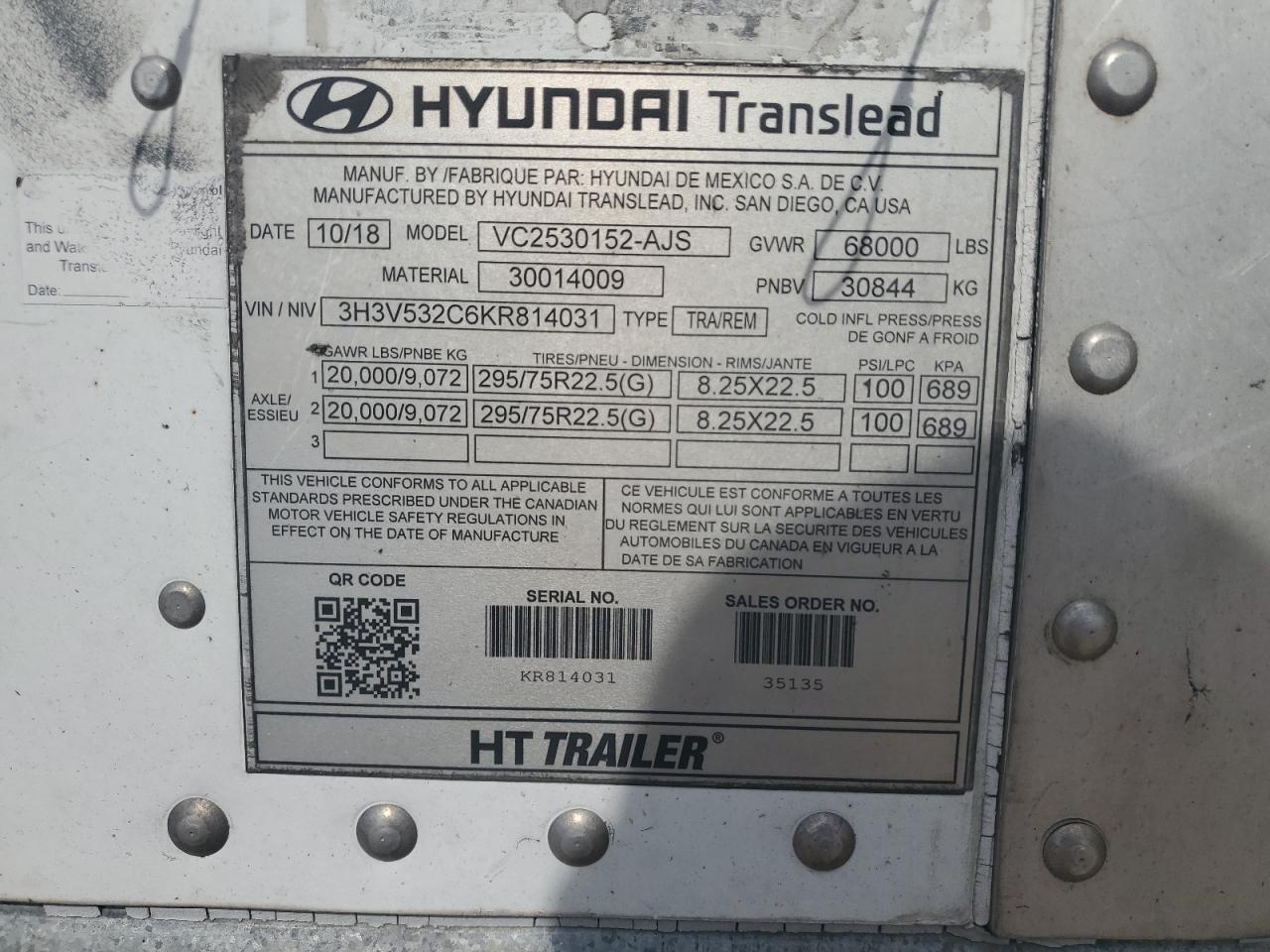 2019 Hyundai VC2530152-AJS DRY Van Trailer
