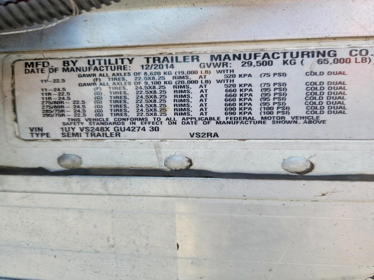 2016 Utility VS2RA Refrigerated Van Trailer