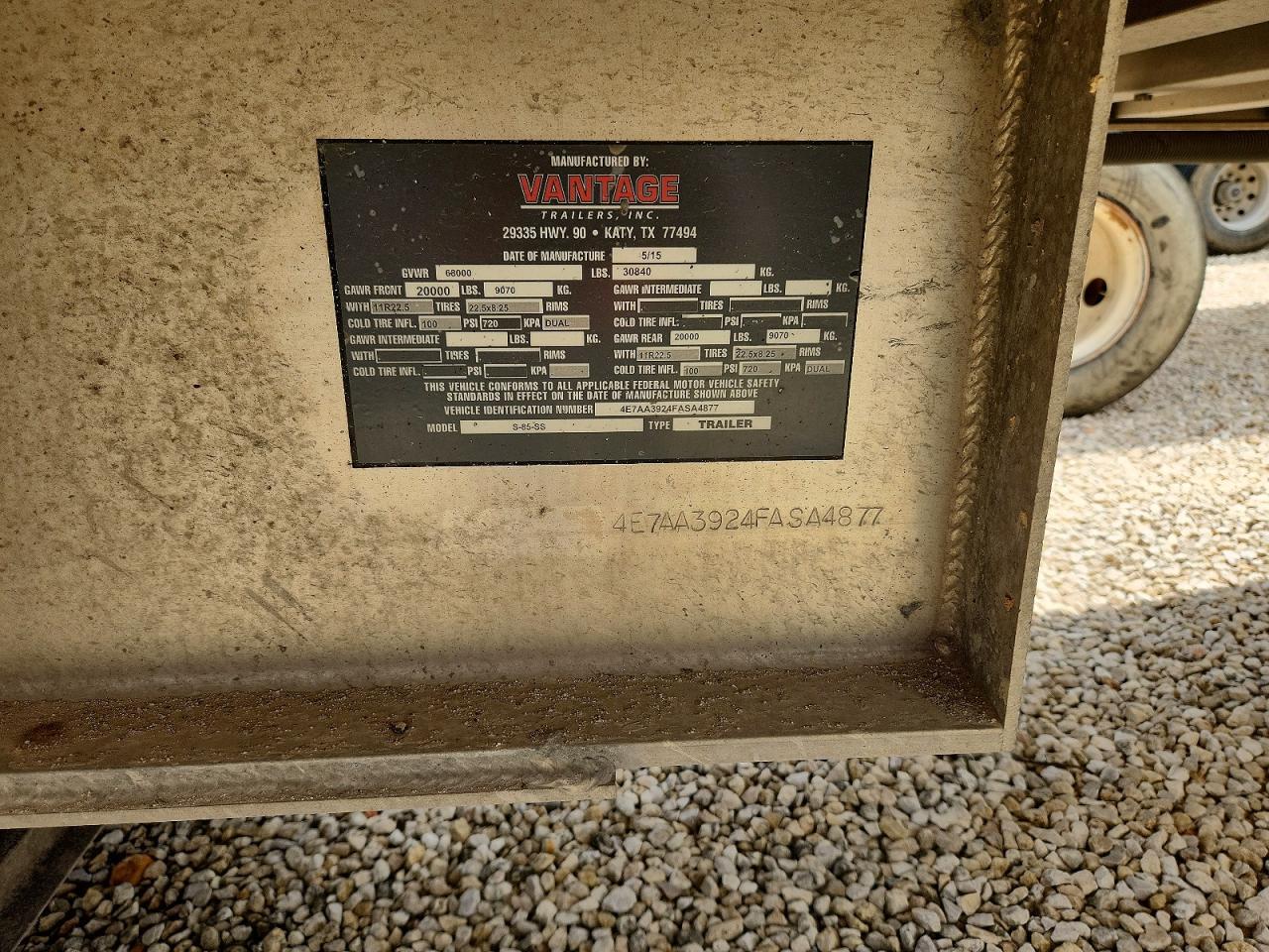 2015 Vantage S-85-SS END Dump Trailer