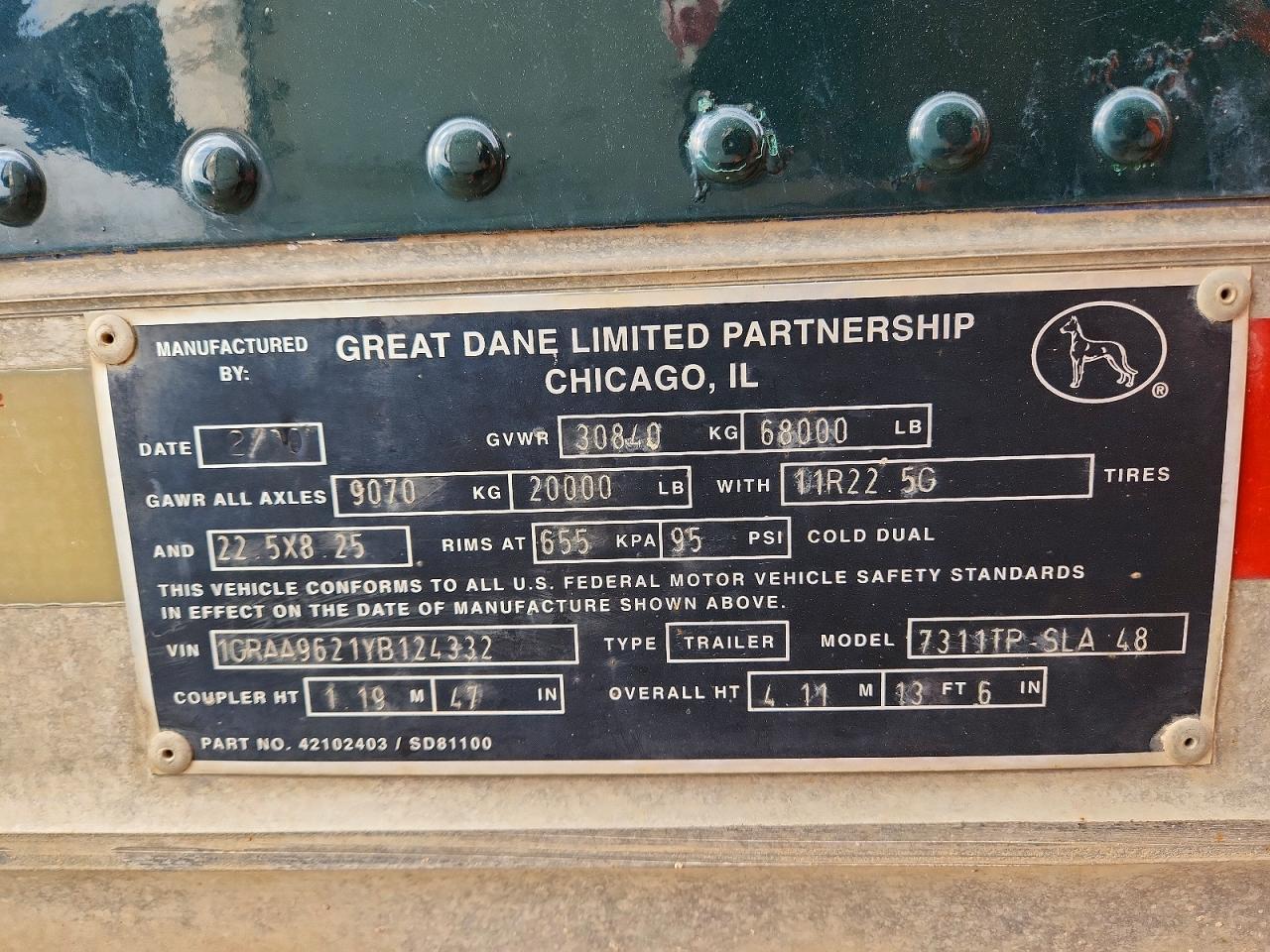 2000 Great Dane 7311TP-SLA-48 DRY Van Trailer