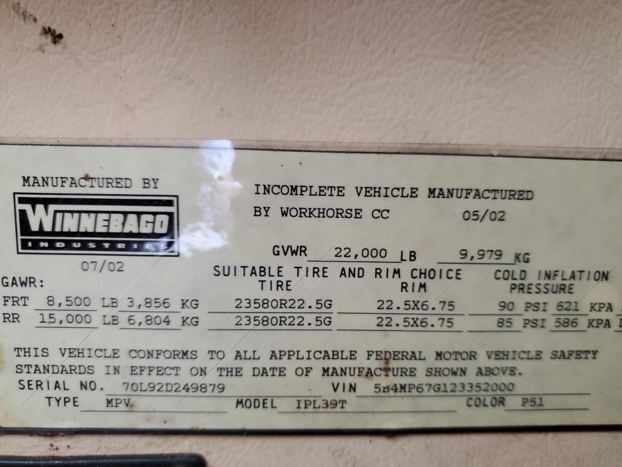 2002 Workhorse Custom Chassis 2003 Workhorse Custom Chassis Motorhome Chassis W2