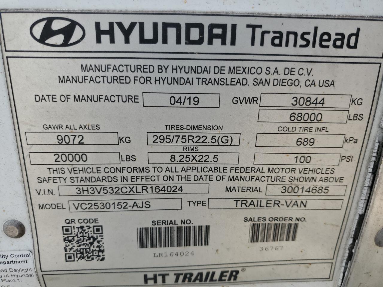 2020 Hyundai Translead VC2530152-AJS DRY Van Trailer