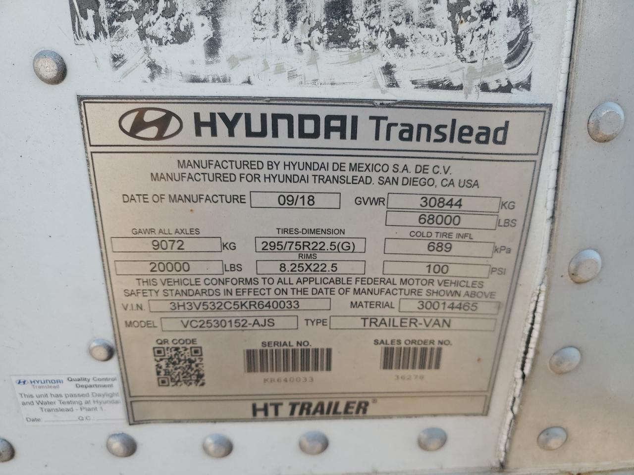 2019 Hyundai Translead VC2530152-AJS DRY Van Trailer
