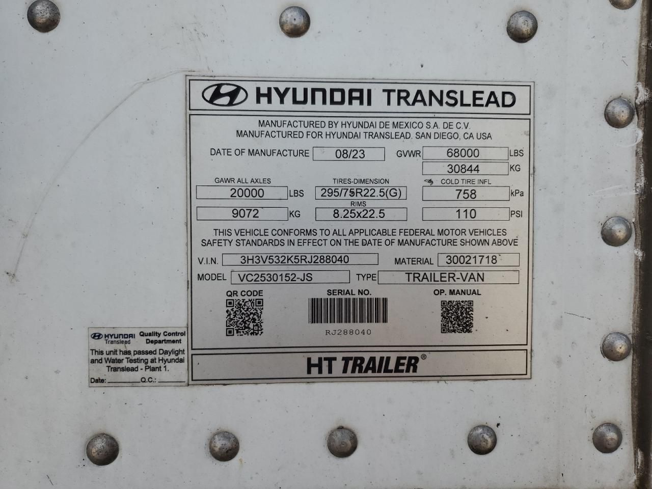 2024 Hyun DAI Translead VC2530152-JS DRY Van Trailer