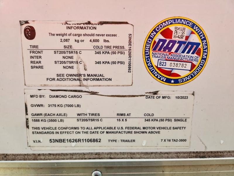 2024 Diamond Cargo 7X16 TA2 Enclosed Cargo Trailer