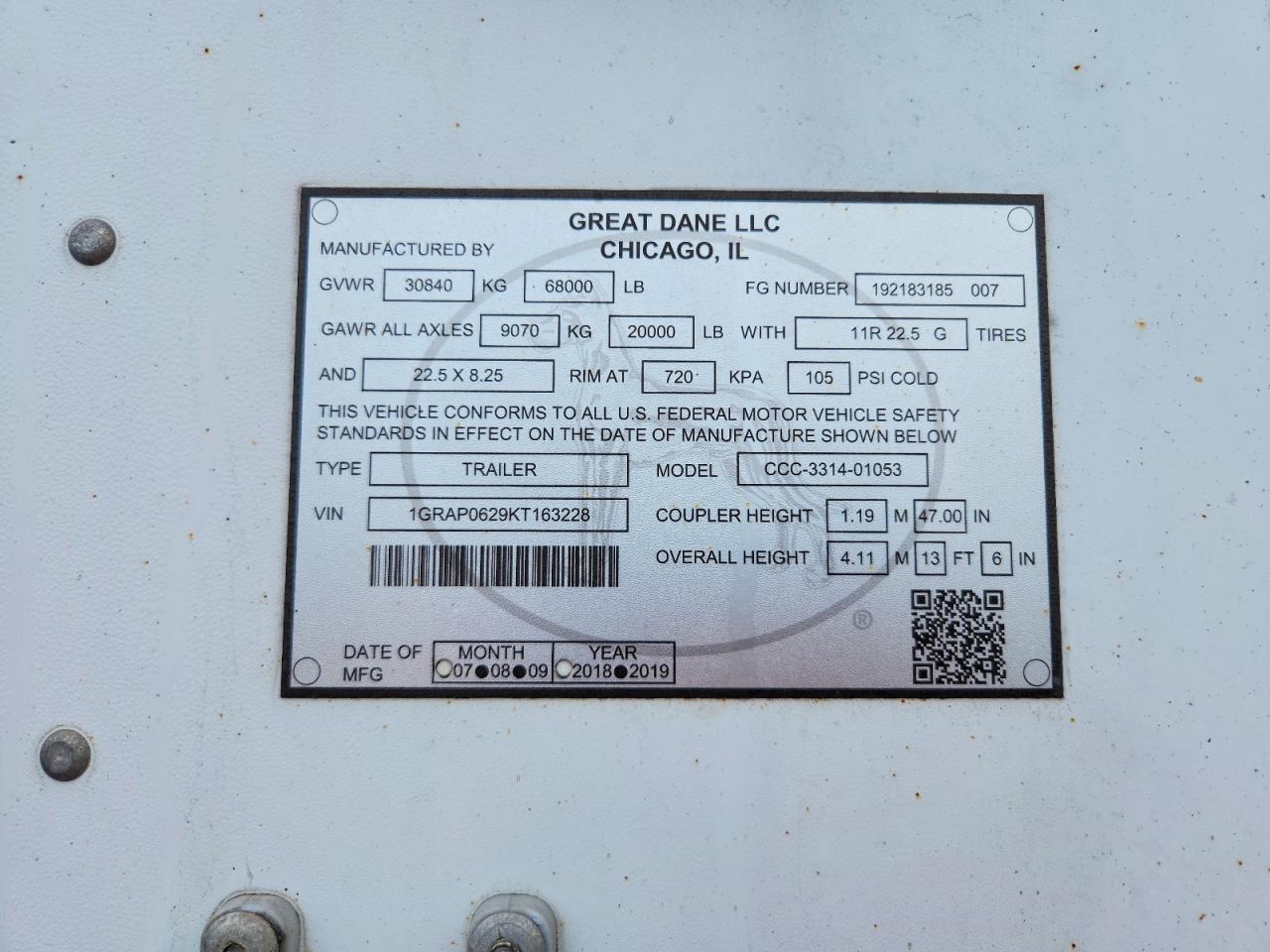 2019 Great Dane CCC-3314-01053 DRY Van Trailer