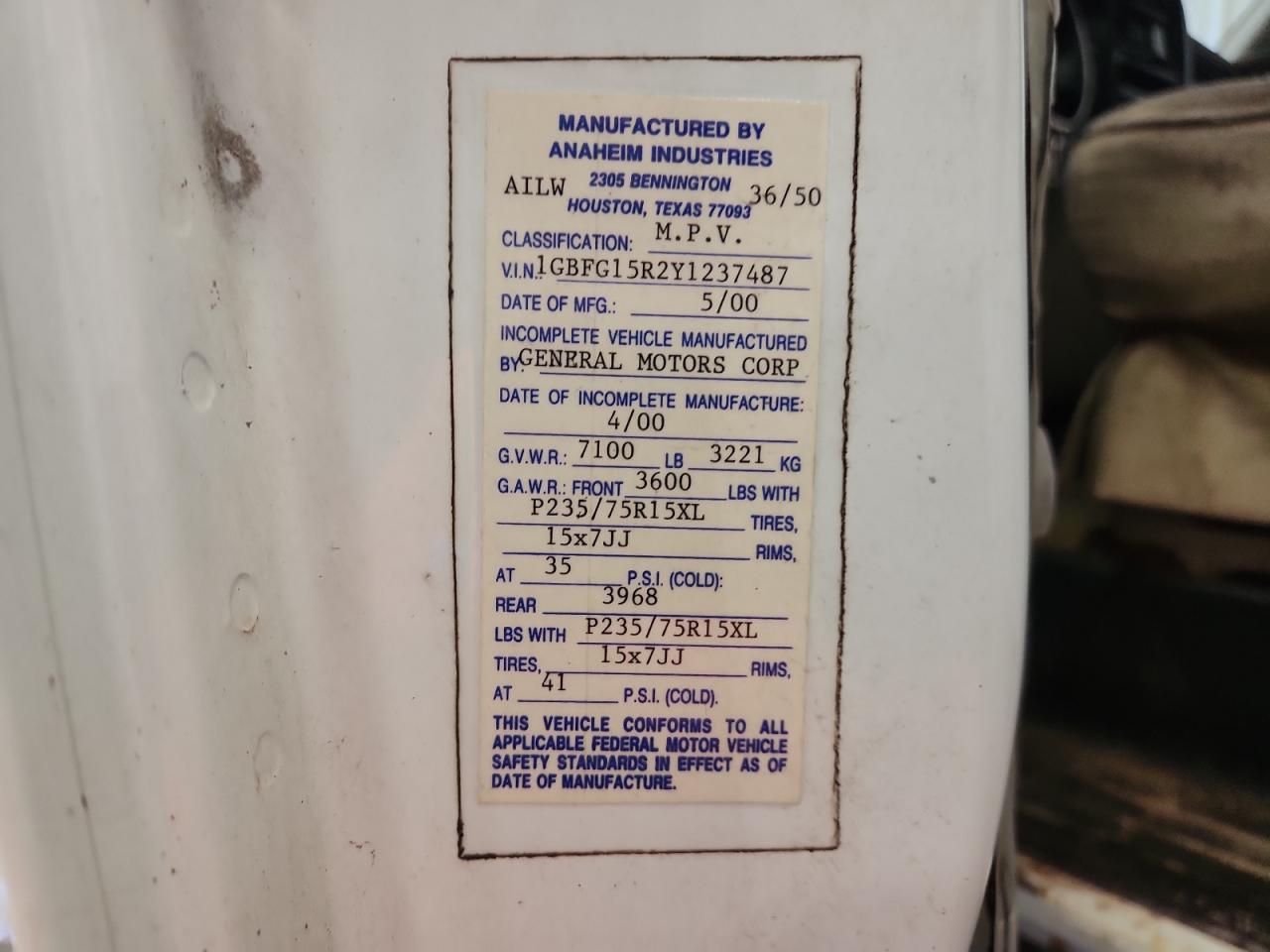 2000 Chev Express Cargo 1500 1