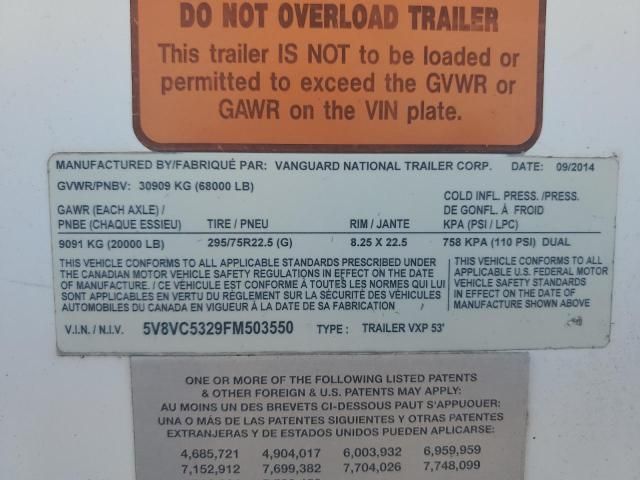 2015 Vanguard DRY Van Trailer
