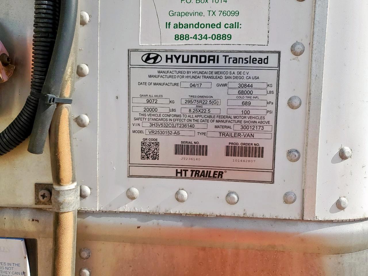 2018 Hyundai Translead VR2530152-AJS Refrigeratedvan Trailer