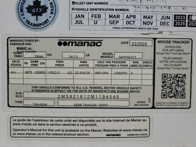 2021 Manac 94253A313 DRY Van Trailer