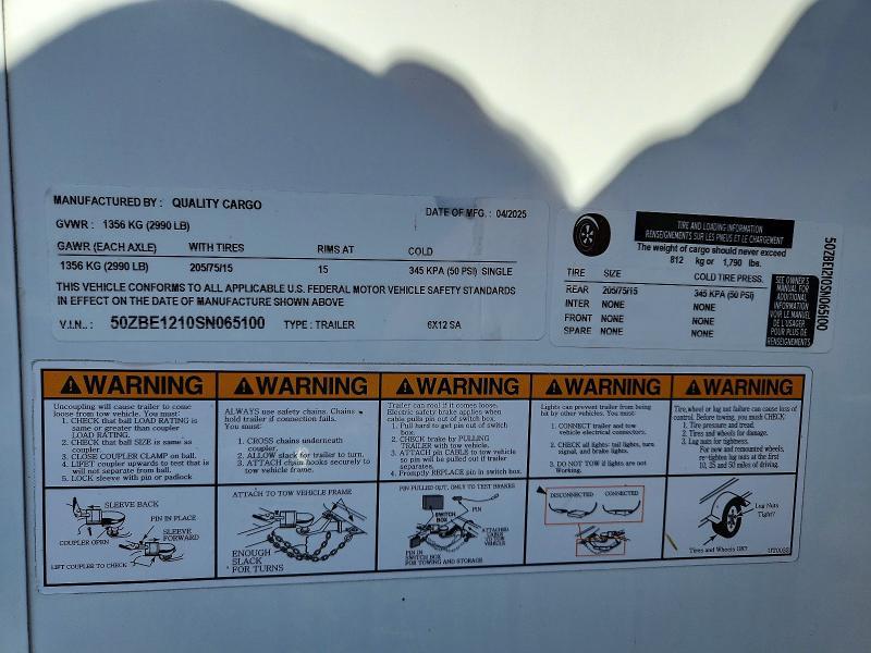 2025 Quality Cargo 6X12SA Enclosed Cargo Trailer