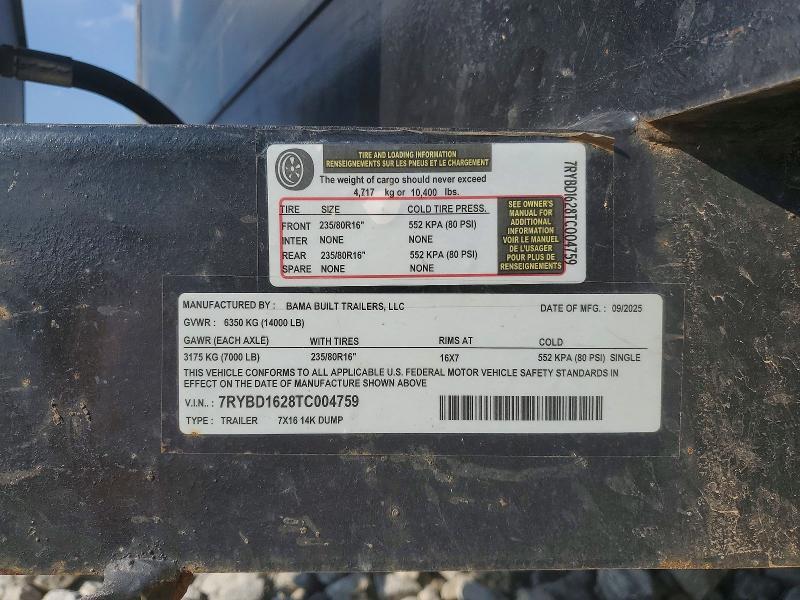 2026 Bama Built 7X16 14K Dump Trailer