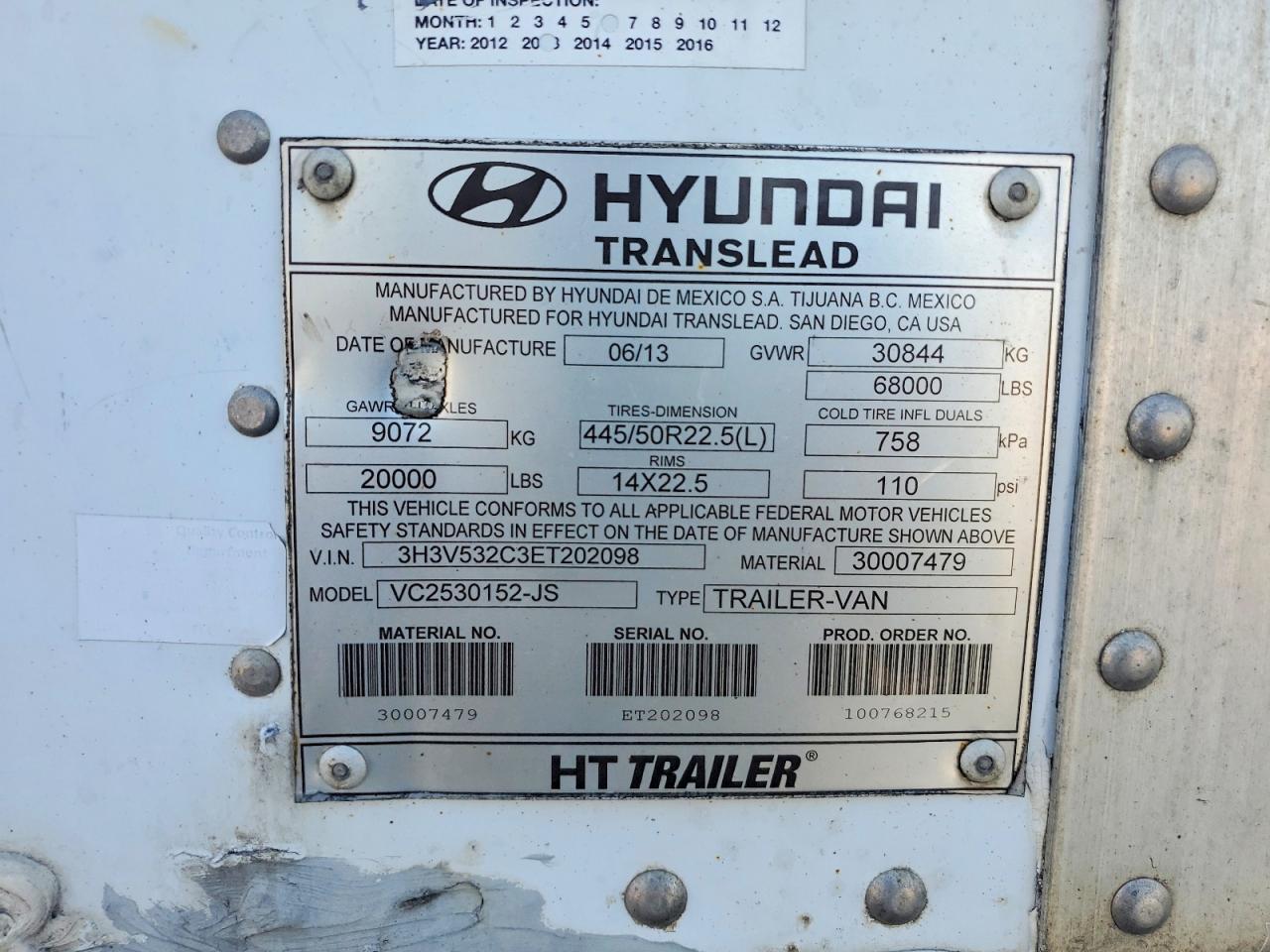 2014 Hyundai Translead Inc 2014 Hyundai Translead VC2530152-JS DRY Van Traile