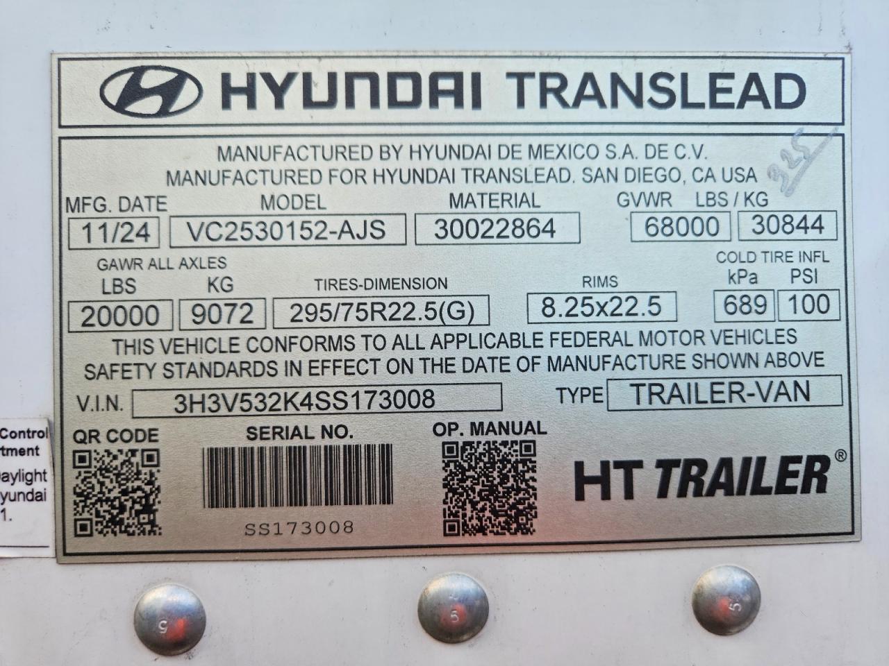 2025 Hyundai Translead Inc 2025 Hyundai Translead VC2530152-AJS DRY Van Trail